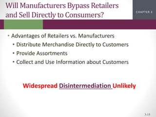 CHAPTER 2
CHAPTER 1
CHAPTER 1
CHAPTER 3
3-15
Will Manufacturers Bypass Retailers
and Sell Directly to Consumers?
• Advantages of Retailers vs. Manufacturers
• Distribute Merchandise Directly to Customers
• Provide Assortments
• Collect and Use Information about Customers
Widespread Disintermediation Unlikely
 