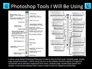 Photoshop Tools I Will Be Using
I will be using Adobe Photoshop Elements in order to edit my front cover, contents page, double
page spread and advert. I will be using this as it is the software that the majority of magazine
companies use to edit their magazines front cover, contents page, double page spread and
adverts. It has all the software tools I need in order to edit my magazine successfully.
 