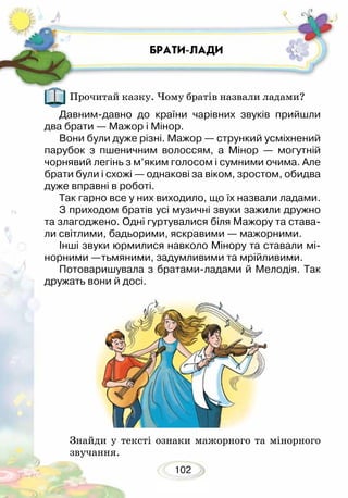 102
Прочитай казку. Чому братів назвали ладами?
Давним-давно до країни чарівних звуків прийшли
два брати — Мажор і Мінор.
Вони були дуже різні. Мажор — стрункий усміхнений
парубок з пшеничним волоссям, а Мінор — могутній
чорнявий легінь з м’яким голосом і сумними очима. Але
брати були і схожі — однакові за віком, зростом, обидва
дуже вправні в роботі.
Так гарно все у них виходило, що їх назвали ладами.
З приходом братів усі музичні звуки зажили дружно
та злагоджено. Одні гуртувалися біля Мажору та става-
ли світлими, бадьорими, яскравими — мажорними.
Інші звуки юрмилися навколо Мінору та ставали мі-
норними —тьмяними, задумливими та мрійливими.
Потоваришувала з братами-ладами й Мелодія. Так
дружать вони й досі.
Знайди у тексті ознаки мажорного та мінорного
звучання.
БРАТИ-ЛАДИ
 