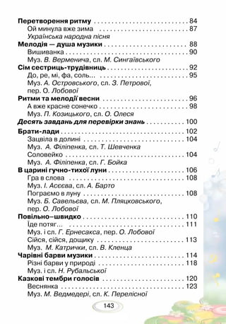 143
Перетворення ритму . . . . . . . . . . . . . . . . . . . . . . . . . . . 84
Ой минула вже зима . . . . . . . . . . . . . . . . . . . . . . . . . 87
Українська народна пісня
Мелодія — душа музики . . . . . . . . . . . . . . . . . . . . . . . 88
Вишиванка . . . . . . . . . . . . . . . . . . . . . . . . . . . . . . . . . . . 90
Муз. В. Верменича, сл. М. Сингаївського
Сім сестриць-трудівниць . . . . . . . . . . . . . . . . . . . . . . . . 92
До, ре, мі, фа, соль... . . . . . . . . . . . . . . . . . . . . . . . . . 95
Муз. А. Островського, сл. З. Петрової,
пер. О. Лобової
Ритми та мелодії весни . . . . . . . . . . . . . . . . . . . . . . . . 96
А вже красне сонечко . . . . . . . . . . . . . . . . . . . . . . . . 98
Муз. П. Козицького, сл. О. Олеся
Десять завдань для перевірки знань . . . . . . . . . . . 100
Брати-лади . . . . . . . . . . . . . . . . . . . . . . . . . . . . . . . . . . . . 102
Зацвіла в долині . . . . . . . . . . . . . . . . . . . . . . . . . . . . 104
Муз. А. Філіпенка, сл. Т. Шевченка
Соловейко . . . . . . . . . . . . . . . . . . . . . . . . . . . . . . . . . . . 104
Муз. А. Філіпенка, сл. Г. Бойка
В царині гучно-тихої луни . . . . . . . . . . . . . . . . . . . . . . 106
Гра в слова . . . . . . . . . . . . . . . . . . . . . . . . . . . . . . . . 108
Муз. І. Асєєва, сл. А. Барто
Пограємо в луну . . . . . . . . . . . . . . . . . . . . . . . . . . . . . 108
Муз. Б. Савельєва, сл. М. Пляцковського,
пер. О. Лобової
Повільно–швидко . . . . . . . . . . . . . . . . . . . . . . . . . . . . 110
Їде потяг… . . . . . . . . . . . . . . . . . . . . . . . . . . . . . . . . 111
Муз. і сл. Г. Ернесакса, пер. О. Лобової
Сійся, сійся, дощику . . . . . . . . . . . . . . . . . . . . . . . . 113
Муз. М. Катрички, сл. В. Кленца
Чарівні барви музики . . . . . . . . . . . . . . . . . . . . . . . . . 114
Різні барви у природі . . . . . . . . . . . . . . . . . . . . . . . . 118
Муз. і сл. Н. Рубальської
Казкові тембри голосів . . . . . . . . . . . . . . . . . . . . . . . 120
Веснянка . . . . . . . . . . . . . . . . . . . . . . . . . . . . . . . . . . . 123
Муз. М. Ведмедері, сл. К. Перелісної
 