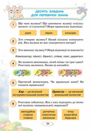 34
Що таке музика? Що допомагає музиці «спілку-
ватися» зі слухачем? Обери правильну відповідь:
Прочитай визначення. Чи правильні вони? Як
сказати правильно?
Розглянь таблички. Яка з них підходить до пісен-
ної музики; танцювальної; маршової?
Хто створює музику? Назви кількох композито-
рів. Яка музика не має конкретного автора?
	
Хто виконує музику? Обери відповіді та поясни їх:
Композитор, піаніст, баяніст, співак, поет, диригент.
Як назвати виконавця, який співає чи грає один?
Розглянь малюнки. Назви ці ан­самблі.
1
5
6
2
3
4
рухи
мелодійна
співуча
плавна
ритмічна
пластична
запальна
чітка
енергійна
бадьора
Хор — це великий
інструментальний колектив
Оркестр — це великий
вокальний колектив
звуки кольори
Десять завдань
для перевірки знань
 