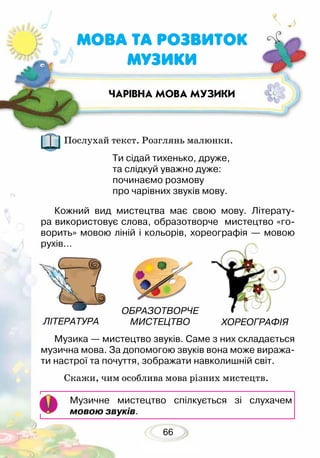 66
ЧАРІВНА МОВА МУЗИКИ
МОВА ТА РОЗВИТОК
МУЗИКИ
Послухай текст. Розглянь малюнки.
Ти сідай тихенько, друже,
та слідкуй уважно дуже:
починаємо розмову
про чарівних звуків мову.
Кожний вид мистецтва має свою мову. Літерату-
ра використовує слова, образотворче мистецтво «го-
ворить» мовою ліній і кольорів, хореографія — мовою
рухів…
Музика — мистецтво звуків. Саме з них складається
музична мова. За допомогою звуків вона може виража-
ти настрої та почуття, зображати навколишній світ.
Скажи, чим особлива мова різних мистецтв.
Музичне мистецтво спілкується зі слухачем
мовою звуків.
ЛІТЕРАТУРА
ОБРАЗОТВОРЧЕ
МИСТЕЦТВО ХОРЕОГРАФІЯ
 