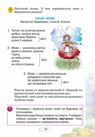 73
Послухай пісню. З чим порівнюється мова у
віршованих рядках?
НАША МОВА
Музика М. Ведмедері, слова В. Кленца
1.	 Тепла, як сонячна днина,
добра, неначе весна,
мова віків України,
казка її чарівна.
2.	 Мова — усміхнена квітка,
радість весела, дзвінка.
Гарна,
як небо улітку,
ніжна,
як пісня струмка.
3.	 Мова — джерельна криниця,
райдужно-сонячний цвіт.
Це українська зірниця,
що зачаровує світ.
Розучи пісню та виразно виконай її. Передай ха-
рактер мелодії пластичними рухами рук.
Підсумуй, чим схожі та чим різняться розмовна і
музична мови.
Розмовна і музична мови схожі за будовою та
інтонаціями.
Музична мова більш плавна та співуча. Її найваж­
ливіша ознака — зв’язність звучання. Тому
музику називають подов­женою мовою.
Двічі
Двічі
Двічі
 