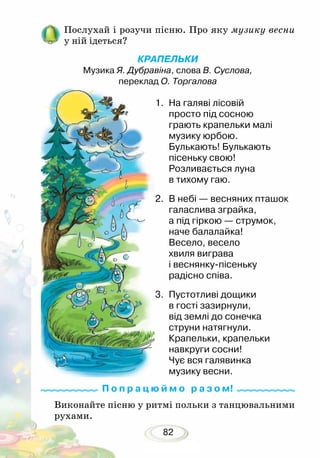 82
Виконайте пісню у ритмі польки з танцювальними
рухами.
Послухай і розучи пісню. Про яку музику весни
у ній ідеться?
КРАПЕЛЬКИ
Музика Я. Дубравіна, слова В. Суслова,
переклад О. Торгалова
1.	 На галяві лісовій
просто під сосною
грають крапельки малі
музику юрбою.
Булькають! Булькають
пісеньку свою!
Розливається луна
в тихому гаю.
2.	 В небі — весняних пташок
галаслива зграйка,
а під гіркою — струмок,
наче балалайка!
Весело, весело
хвиля виграва
і веснянку-пісеньку
радісно співа.
3.	 Пустотливі дощики
в гості зазирнули,
від землі до сонечка
струни натягнули.
Крапельки, крапельки
навкруги сосни!
Чує вся галявинка
музику весни.
П о п р а ц ю й м о р а з о м!
 