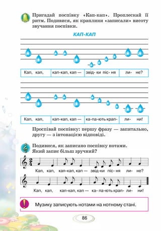 86
Пригадай поспівку «Кап-кап». Проплескай її
ритм. Подивися, як краплини «записали» висоту
звучання поспівки.
КАП-КАП
Проспівай поспівку: першу фразу — запитально,
другу — з інтонацією відповіді.
Подивися, як записано поспівку нотами.
Який запис більш зручний?
Музику записують нотами на нотному стані.
Кап, кап, кап-кап, кап — звід- ки піс- ня ли- не?
Кап, кап, кап-кап, кап — ка-па-ють крап- ли- ни!
Кап, кап, кап-кап, кап — звід-ки піс- ня ли- не?
Кап, кап, кап-кап, кап — ка- па-ють крап- ли- ни!
 