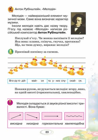 89
Антон Рубінштейн. «Мелодія»
Мелодія — найвиразніший елемент му-
зичної мови. Саме вона визначає характер
музики.
Інколи мелодія навіть дає назву твору.
П’єсу під назвою «Мелодія» написав ро­
сійський композитор Антон Рубінштейн.
Послухай п’єсу. Чи можна наспівати її мелодію?
Яка вона: плавна, співуча, гнучка, протяжна?	
Що, на твою думку, виражає мелодія?
Проспівай поспівку за схемою.
Мелодія складається зі звуків різної висоти і три-
валості. Вона буває:
висхідна низхідна горизонтальна хвилеподібна
Вго-ру пі- дій- май- ся та у- низ спу- скай- ся.
Покажи рукою, як рухається мелодія: вгору, вниз,
на одній висоті (горизонтально), хвилеподібно.
 