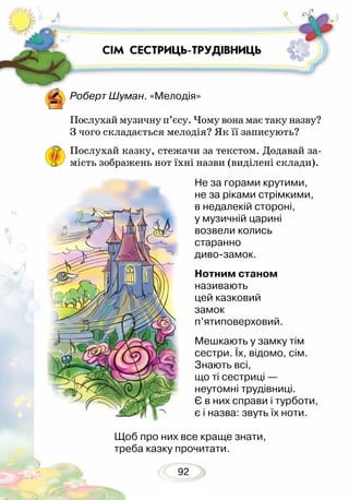 92
Роберт Шуман. «Мелодія»
Послухай музичну п’єсу. Чому вона має таку назву?
З чого складається мелодія? Як її записують?
Послухай казку, стежачи за текстом. Додавай за-
мість зображень нот їхні назви (виділені склади).
Не за горами крутими,
не за ріками стрімкими,
в недалекій стороні,
у музичній царині
возвели колись
старанно
диво-замок.
Нотним станом
називають
цей казковий
замок
п’ятиповерховий.
Мешкають у замку тім
сестри. Їх, відомо, сім.
Знають всі,
що ті сестриці —
неутомні трудівниці.
Є в них справи і турботи,
є і назва: звуть їх ноти.
Щоб про них все краще знати,
треба казку прочитати.
СІМ СЕСТРИЦЬ-ТРУДІВНИЦЬ
 