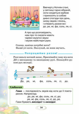 94
Ввечері у Нотнім стані,
у світлиці гарно вбраній,
ноти сходяться юрбою
і приносять із собою
дивні спогади про день,
низку звуків і пісень,
і співають разом всі:
до, ре, мі, фа, соль, ля, сі.
А про що розповідають,
нам про те сказати мають
чарівні музичні звуки
і музик майстерні руки.
Скажи, навіщо потрібні ноти?
Назви усі ноти. Послухай, як вони звучать.
Гама — послідовність звуків від ноти до її повто-
рення. Наприклад:
до, ре, мі, фа, соль, ля, сі, до;
ре, мі, фа, соль, ля, сі, до, ре.
Гами бувають висхідні та низхідні.
Словничок
До, ре, мі, фа, соль, ля, сі, до.
Розгляньте нотний запис. Проспівайте гаму від ноти
ДО у висхідному та низхідному русі. Показуйте ру-
кою рух мелодії.
П о п р а ц ю й м о р а з о м!
 