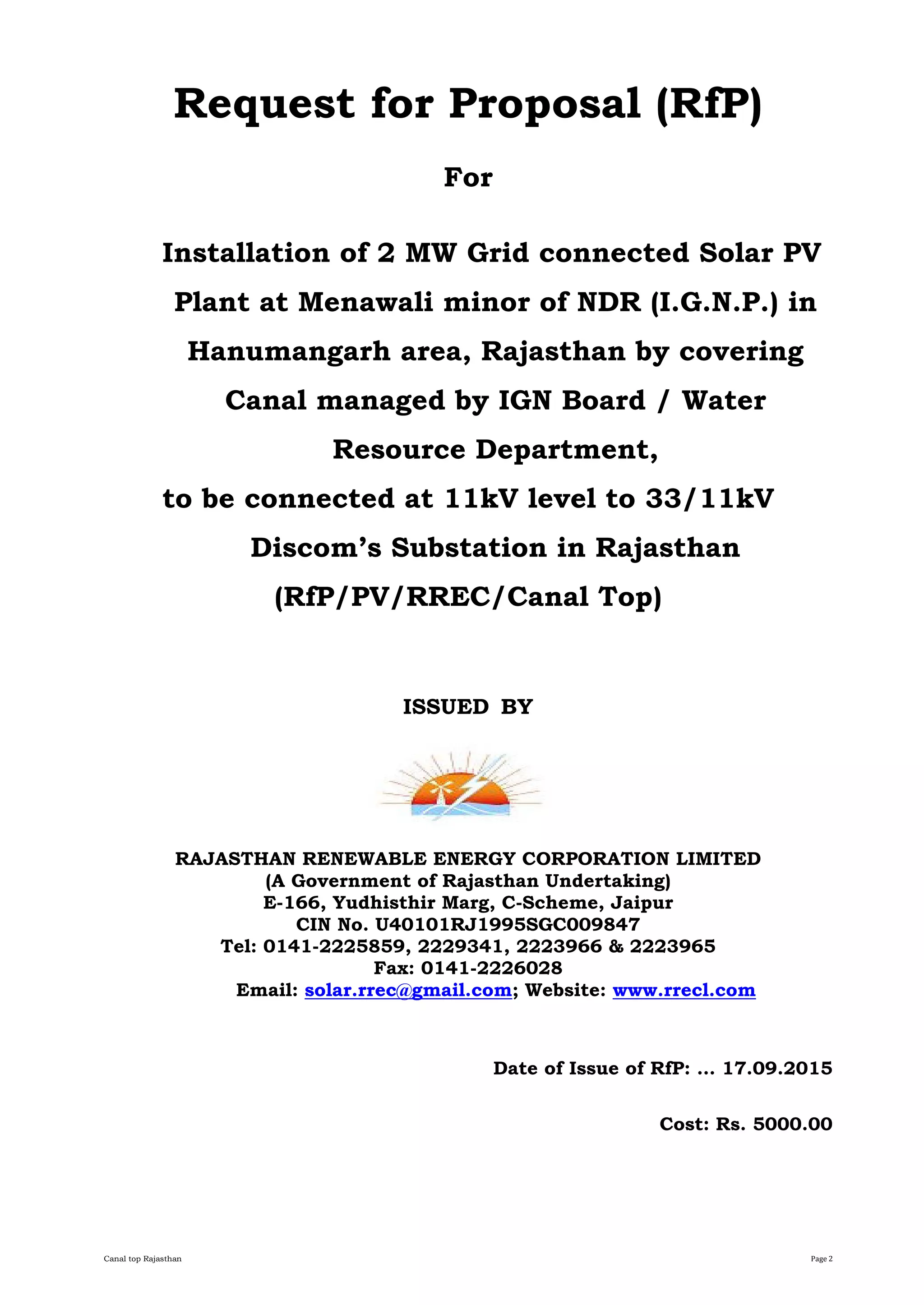 Request for Proposal (RfP) For Installation of 2 MW Canal Top Grid ...