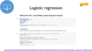 Logistic regression
https://nbviewer.jupyter.org/github/sxjscience/DeepLearningZeroToAll/blob/master/aws-2017-seoul/mxnet-logistic_regression_diabetes.ipynb
 
