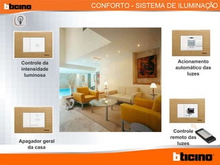 CONFORTO - SISTEMA DE ILUMINAÇÃO Controle da intensidade luminosa Apagador geral da casa Acionamento automático das luzes Controle remoto das luzes 