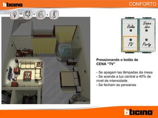 CONFORTO Pressionando o botão de  CENA “TV” - Se apagam las lâmpadas da mesa - Se acende a luz central a 40% de nivel de intensidade - Se fecham as persianas + + + 