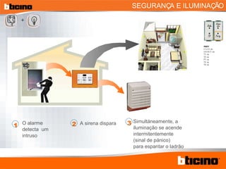 Simultáneamente, a iluminação se acende intermitentemente  (sinal de pánico) para espantar o ladrão O alarme detecta  um intruso A sirena dispara SEGURANÇA E ILUMINAÇÃO + 2 3 1 