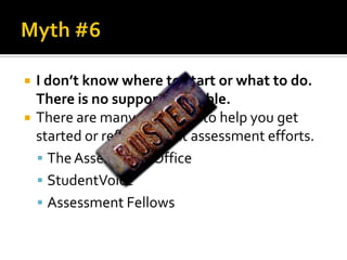    I don’t know where to start or what to do.
    There is no support available.
   There are many resources to help you get
    started or refine current assessment efforts.
     The Assessment Office
     StudentVoice
     Assessment Fellows
 