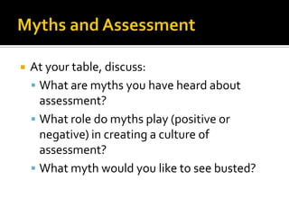    At your table, discuss:
     What are myths you have heard about
      assessment?
     What role do myths play (positive or
      negative) in creating a culture of
      assessment?
     What myth would you like to see busted?
 