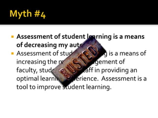    Assessment of student learning is a means
    of decreasing my autonomy.
   Assessment of student learning is a means of
    increasing the mutual engagement of
    faculty, students, and staff in providing an
    optimal learning experience. Assessment is a
    tool to improve student learning.
 