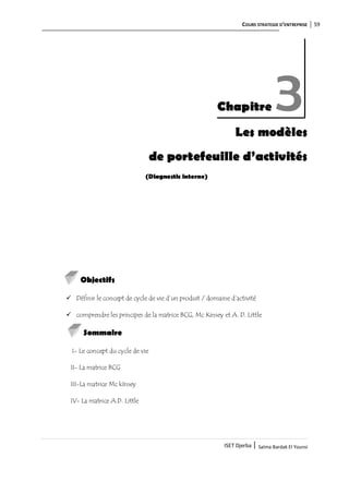 COURS STRATEGIE D’ENTREPRISE 59
ISET Djerba | Salma Bardak El Younsi
Les modèles
de portefeuille d’activités
(Diagnostic interne)
Objectifs
 Définir le concept de cycle de vie d’un produit / domaine d’activité
 comprendre les principes de la matrice BCG, Mc Kinsey et A. D. Little
Sommaire
I- Le concept du cycle de vie
II- La matrice BCG
III-La matrice Mc kInsey
IV- La matrice A.D. Little
Chapitre 3
 