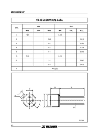 2N2905/2N2907

TO-39 MECHANICAL DATA
mm

inch

DIM.
MIN.
A

TYP.

MAX.

MIN.

12.7

TYP.

MAX.

0.500

B

0.49

0.019

D

6.6

0.260

E

8.5

0.334

F

9.4

0.370

G

5.08

0.200

H

1.2

0.047

I

0.9

0.035
45o (typ.)

L

D

A

G
I

E

F

H

B

L

P008B
4/5

 