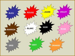BLEU ROUGE JAUNE VIOLET
MARRON
BLANC
NOIR
ROSE
GRIS VERT ORANGE
 