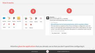 8|
How it works
Attentive glues the applications that you already use so that you don’t spend time configuring it.
1 2 3
 