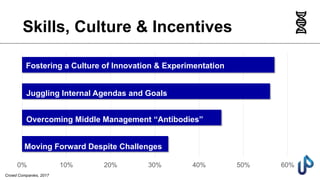 Skills, Culture & Incentives
0% 10% 20% 30% 40% 50% 60%
Crowd Companies, 2017
Fostering a Culture of Innovation & Experimentation
Juggling Internal Agendas and Goals
Overcoming Middle Management “Antibodies”
Moving Forward Despite Challenges
 