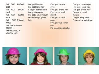 I’VE GOT BROWN
EYES
I’VE GOT SHORT
HAIR
I’VE GOT BLOND
HAIR
I’VE GOT A SMALL
NOSE
I’VE GOT A SMALL
MOUTH
I’M WEARING A
YEL...