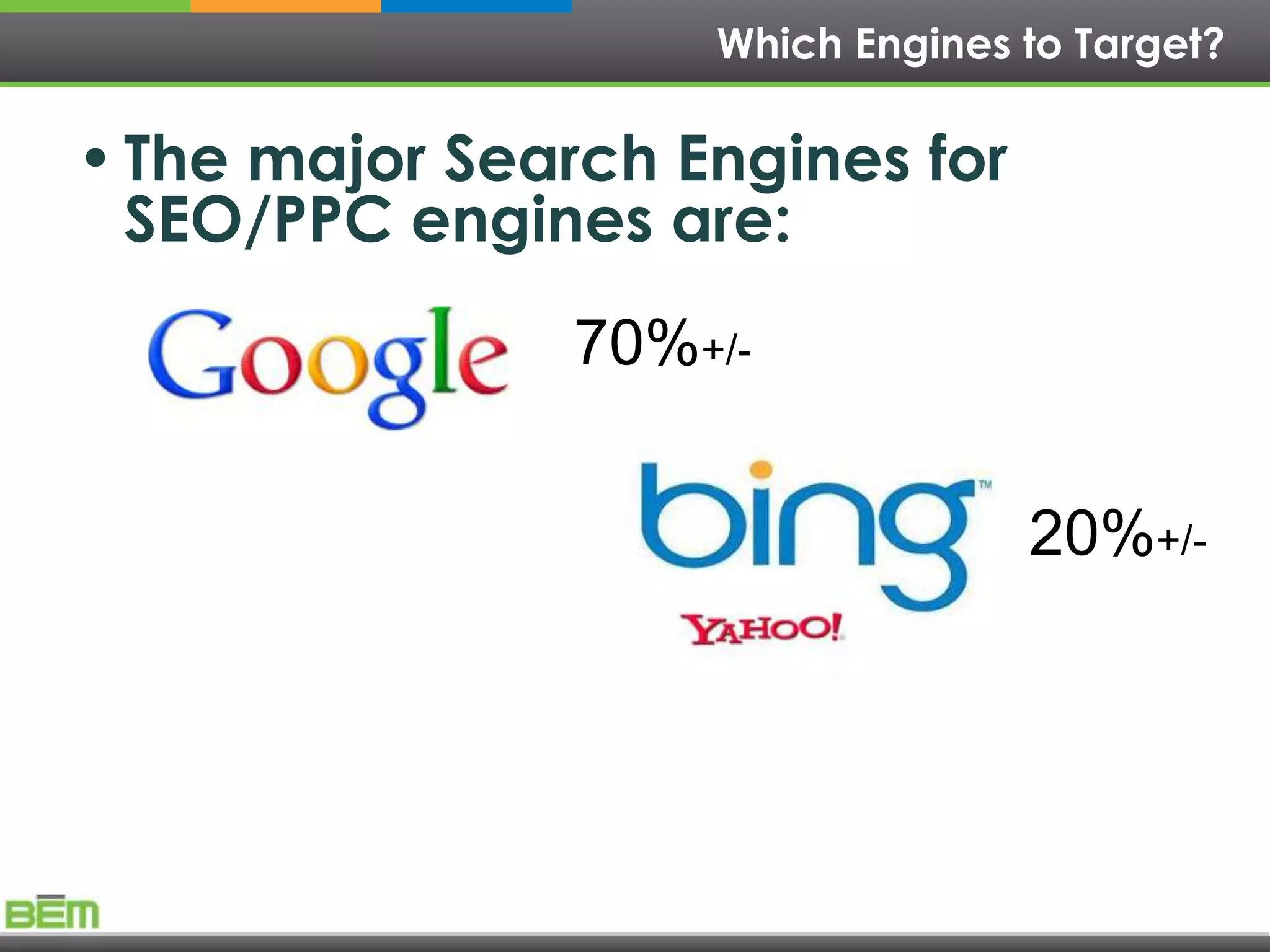 Which Engines to Target?

• The major Search Engines for
  SEO/PPC engines are:
                70%+/-

                                  20%+/-
 