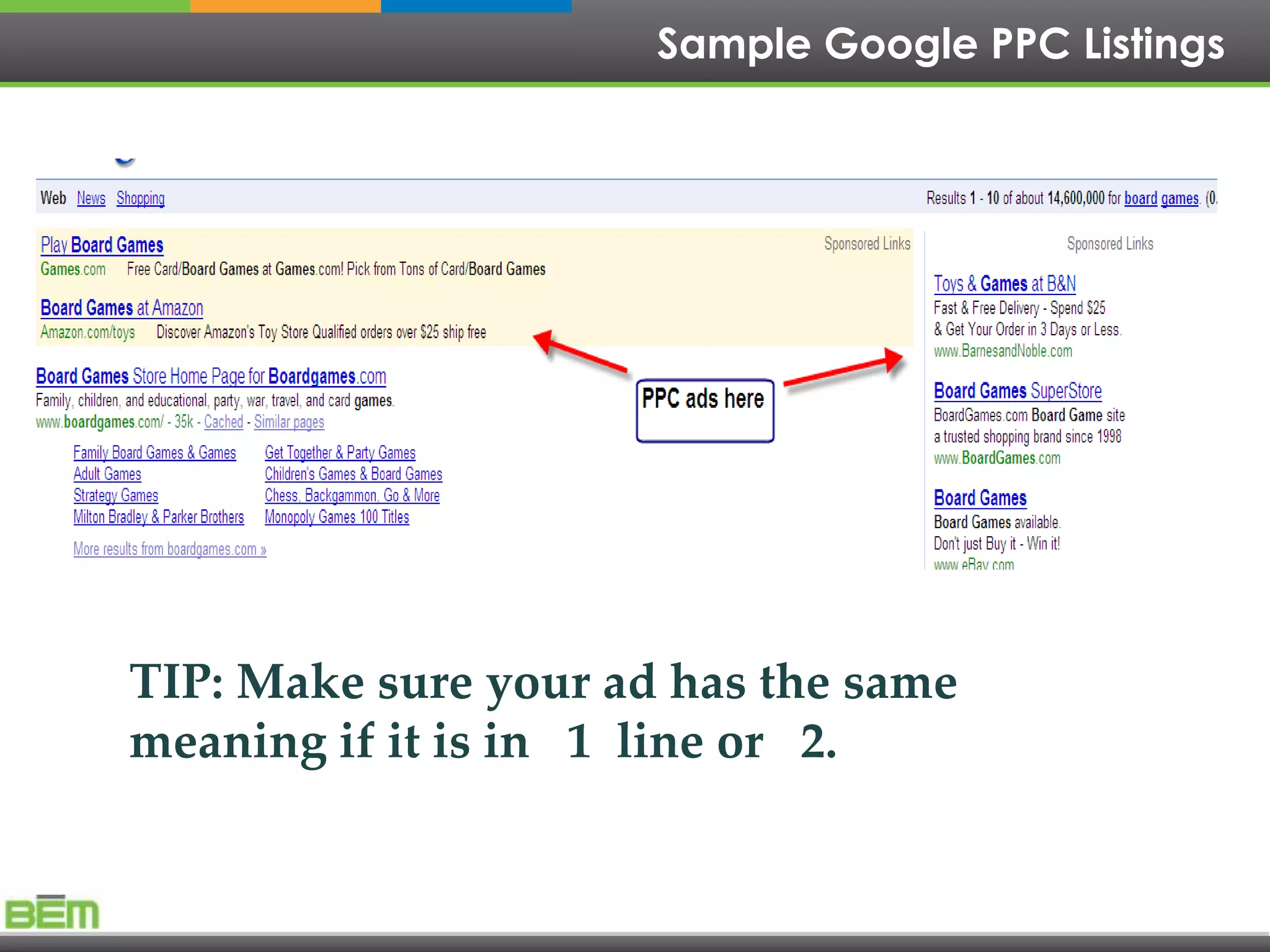 Sample Google PPC Listings




TIP: Make sure your ad has the same
meaning if it is in 1 line or 2.
 