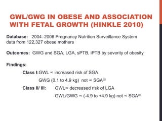 GWL/GWG IN OBESE AND ASSOCIATION
WITH FETAL GROWTH (HINKLE 2010)
Database: 2004–2006 Pregnancy Nutrition Surveillance System
data from 122,327 obese mothers
Outcomes: GWG and SGA, LGA, sPTB, iPTB by severity of obesity
Findings:
Class I:GWL ∞ increased risk of SGA
GWG (0.1 to 4.9 kg) not ∞ SGA2SD
Class II/ III: GWL∞ decreased risk of LGA
GWL/GWG ∞ (-4.9 to +4.9 kg) not ∞ SGA2SD
 