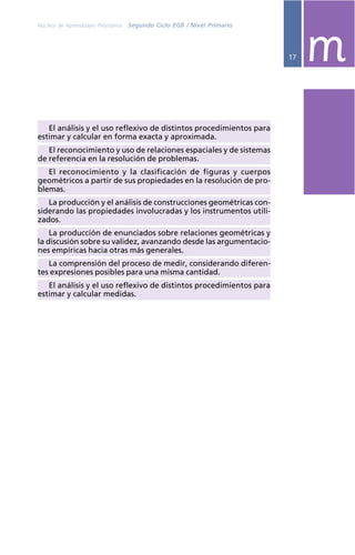 Núcleos de Aprendizajes Prioritarios   Segundo Ciclo EGB / Nivel Primario




                                                                            17   m
   El análisis y el uso reflexivo de distintos procedimientos para
estimar y calcular en forma exacta y aproximada.
   El reconocimiento y uso de relaciones espaciales y de sistemas
de referencia en la resolución de problemas.
   El reconocimiento y la clasificación de figuras y cuerpos
geométricos a partir de sus propiedades en la resolución de pro-
blemas.
   La producción y el análisis de construcciones geométricas con-
siderando las propiedades involucradas y los instrumentos utili-
zados.
    La producción de enunciados sobre relaciones geométricas y
la discusión sobre su validez, avanzando desde las argumentacio-
nes empíricas hacia otras más generales.
   La comprensión del proceso de medir, considerando diferen-
tes expresiones posibles para una misma cantidad.
   El análisis y el uso reflexivo de distintos procedimientos para
estimar y calcular medidas.
 