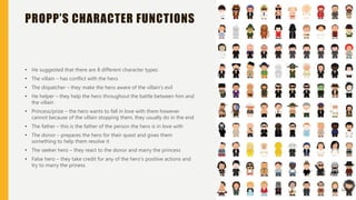 PROPP’S CHARACTER FUNCTIONS
• He suggested that there are 8 different character types:
• The villain – has conflict with the hero
• The dispatcher – they make the hero aware of the villain’s evil
• He helper – they help the hero throughout the battle between him and
the villain
• Princess/prize – the hero wants to fall in love with them however
cannot because of the villain stopping them, they usually do in the end
• The father – this is the father of the person the hero is in love with
• The donor – prepares the hero for their quest and gives them
something to help them resolve it
• The seeker hero – they react to the donor and marry the princess
• False hero – they take credit for any of the hero’s positive actions and
try to marry the priness
 