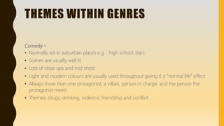 THEMES WITHIN GENRES
Comedy –
• Normally set in suburban places e.g. : high school, bars
• Scenes are usually well lit
• Lots of close ups and mid shots
• Light and modern colours are usually used throughout giving it a “normal life” effect
• Always more than one protagonist, a villain, person in charge, and the person the
protagonist meets
• Themes: drugs, drinking, violence, friendship and conflict
 