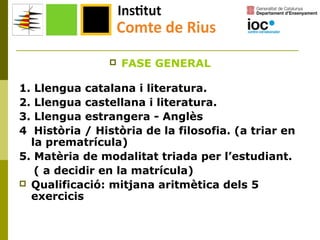 

1.
2.
3.
4

FASE GENERAL

Llengua catalana i literatura.
Llengua castellana i literatura.
Llengua estrangera - Anglès
Història / Història de la filosofia. (a triar en
la prematrícula)
5. Matèria de modalitat triada per l’estudiant.
( a decidir en la matrícula)
 Qualificació: mitjana aritmètica dels 5
exercicis

 