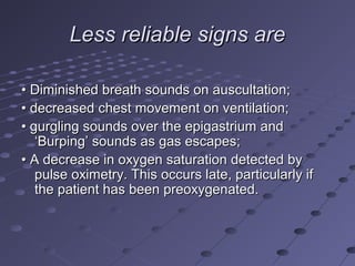 Less reliable signs areLess reliable signs are
•• Diminished breath sounds on auscultation;Diminished breath sounds on auscultation;
•• decreased chest movement on ventilation;decreased chest movement on ventilation;
•• gurgling sounds over the epigastrium andgurgling sounds over the epigastrium and
‘Burping’ sounds as gas escapes;‘Burping’ sounds as gas escapes;
•• A decrease in oxygen saturation detected byA decrease in oxygen saturation detected by
pulse oximetry. This occurs late, particularly ifpulse oximetry. This occurs late, particularly if
the patient has been preoxygenated.the patient has been preoxygenated.
 