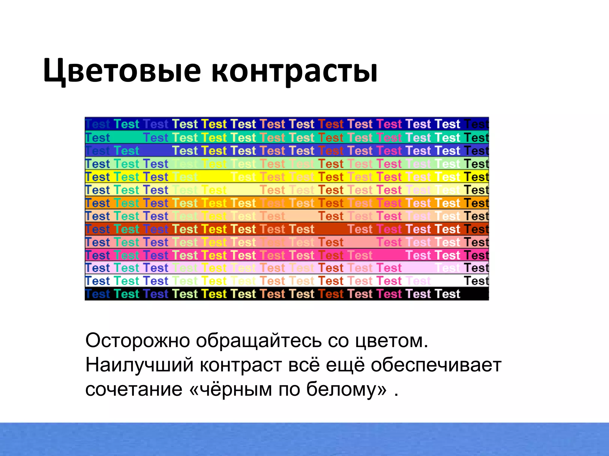 Цветовые контрасты Осторожно обращайтесь со цветом. Наилучший контраст всё ещё обеспечивает сочетание «чёрным по белому»  . 