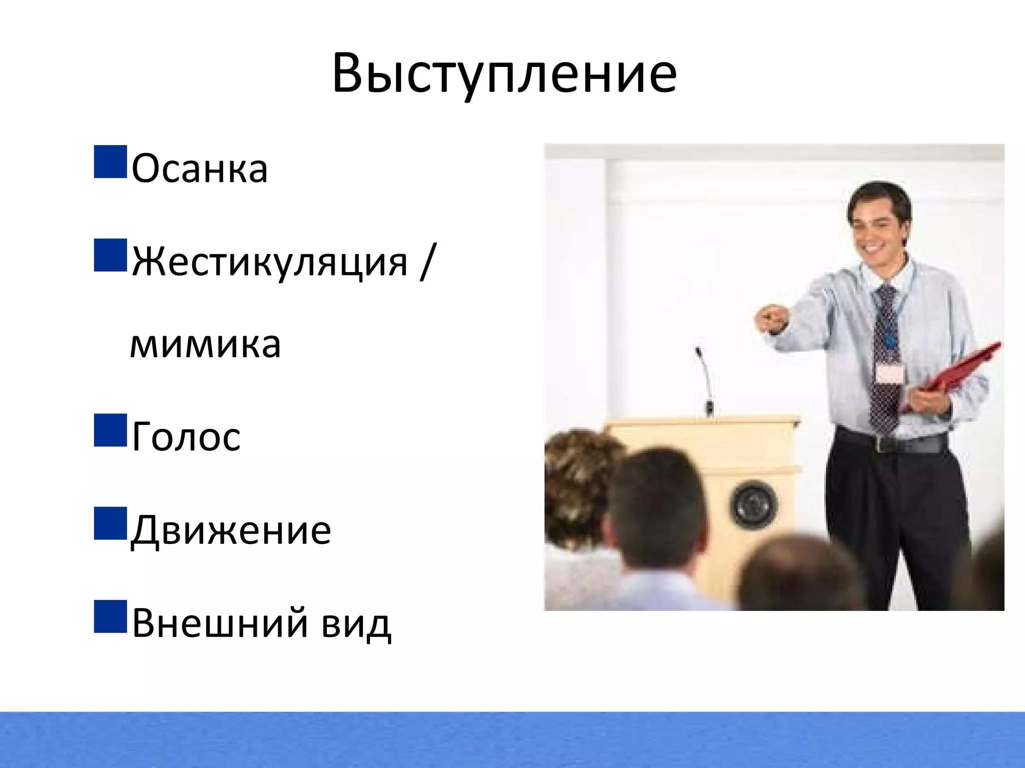 Осанка Жестикуляция  /  мимика Голос Движение Внешний вид Выступление 