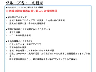 グループ名：　⑨観光
■ データチャレンジの中で解決を目指す課題
③ 地域の観光資源の掘り起こしと情報発信
■ 解決策のアイディア
• 地域に散在しているオブジェを活用した地域全体の美術館
• 歴史的な背景と重ね合わせた情報発信
■ 課題に取り組む上で必要になりそうなデータ
• 身近な情報
• どこにもある歴史情報
■ その他議論された主なこと
• 行政は生データ、民間がアイデア
• 市民の参加も重要
• 地域にお金を落としてもらうような工夫も必要
• 行政はローデータ、民間が活用　※行政が RSS などの簡単な情報配信ができればなお
よし
• 観光資源の掘り起こし、観光資源はあるけれどコンテンツとしてはない
 