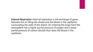 External Respiration: External respiration is the exchange of gases
between the air filling the alveoli and the blood in the capillaries
surrounding the walls of the alveoli. Air entering the lungs from the
atmosphere has a higher partial pressure of oxygen and a lower
partial pressure of carbon dioxide than does the blood in the
capillaries.
 