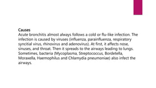 Causes
Acute bronchitis almost always follows a cold or flu-like infection. The
infection is caused by viruses (influenza, parainfluenza, respiratory
syncitial virus, rhinovirus and adenovirus). At first, it affects nose,
sinuses, and throat. Then it spreads to the airways leading to lungs.
Sometimes, bacteria (Mycoplasma, Streptococcus, Bordetella,
Moraxella, Haemophilus and Chlamydia pneumoniae) also infect the
airways.
 