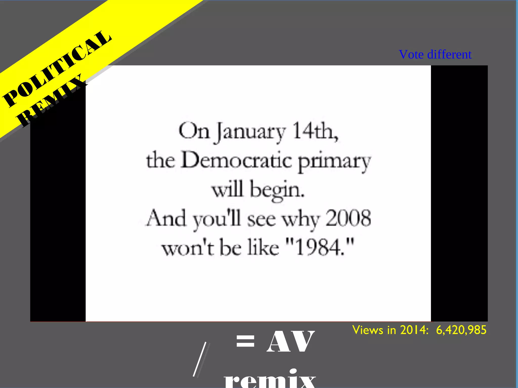 In practical terms Vote different
POLITICAL
REM
IX
Views in 2014: 6,420,985
= AV
 