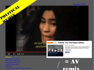 In practical terms
Imagine This!
POLITICAL
REM
IX
= AV
More on:
Knowyourmeme.com
Politicalremixvideo.com
Feministfrecuency.com
Rebelliouspixels.com
Video24-7
A Taxonomy of Digital Video Remixing
 