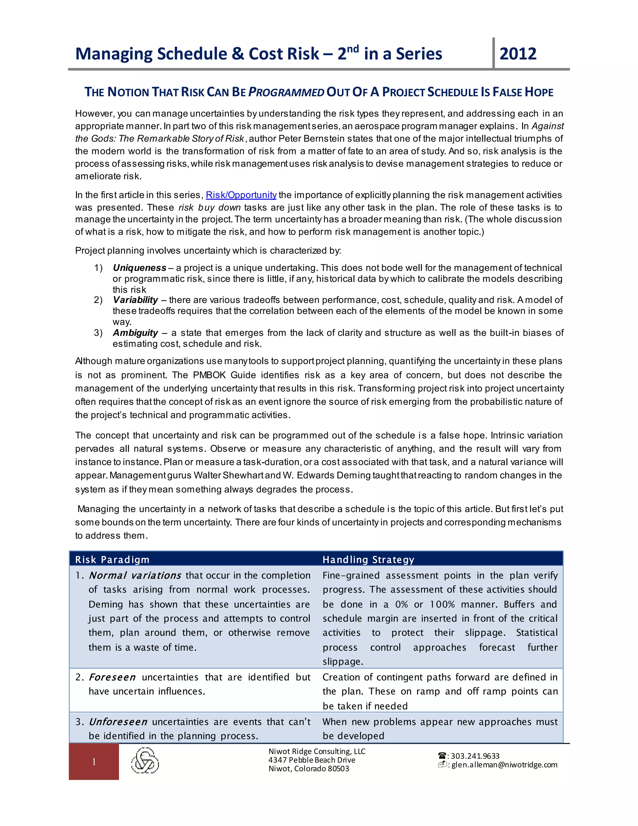 Managing cost and schedule risk | DOCX