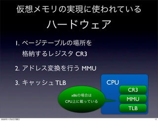 1.
                             CR3

                2.               MMU

                3.   TLB               CPU
                                             CR3
                           x86
                       CPU                   MMU
                                             TLB
2009   11   9                                      17
 