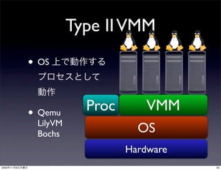 Type II VMM
                • OS


                • Qemu      Proc       VMM
                 LilyVM
                 Bochs               OS
                                   Hardware
2009   11   9                                 30
 