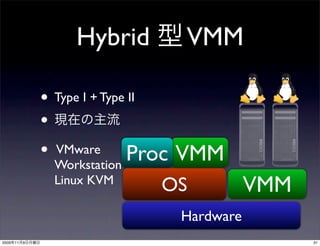 Hybrid    VMM

                • Type I + Type II
                •
                • VMware Proc VMM
                  Workstation
                 Linux KVM
                             OS          VMM
                              Hardware
2009   11   9                                  31
 
