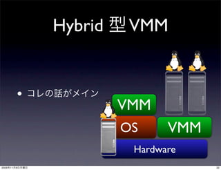 Hybrid    VMM


            •
                         VMM
                         OS     VMM
                          Hardware
2009   11   9                         32
 