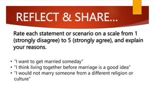 REFLECT & SHARE…
Rate each statement or scenario on a scale from 1
(strongly disagree) to 5 (strongly agree), and explain
your reasons.
• “I want to get married someday”
• “I think living together before marriage is a good idea”
• “I would not marry someone from a different religion or
culture”
 