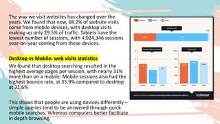 The way we visit websites has changed over the
years. We found that now, 68.2% of website visits
come from mobile devices, with desktop visits
making up only 29.5% of traffic. Tablets have the
lowest number of sessions, with 4,024,346 sessions
year-on-year coming from these devices.
Desktop vs Mobile: web visits statistics
We found that desktop searching resulted in the
highest average pages per session, with nearly 31%
more than on a mobile. Mobile sessions also had the
highest bounce rate, at 35.9% compared to desktop
at 31.6%
This shows that people are using devices differently –
simple queries tend to be answered through quick
mobile searches. Whereas computers better facilitate
in depth browsing.
 