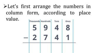 Let's first arrange the numbers in
column form, according to place
value.
 