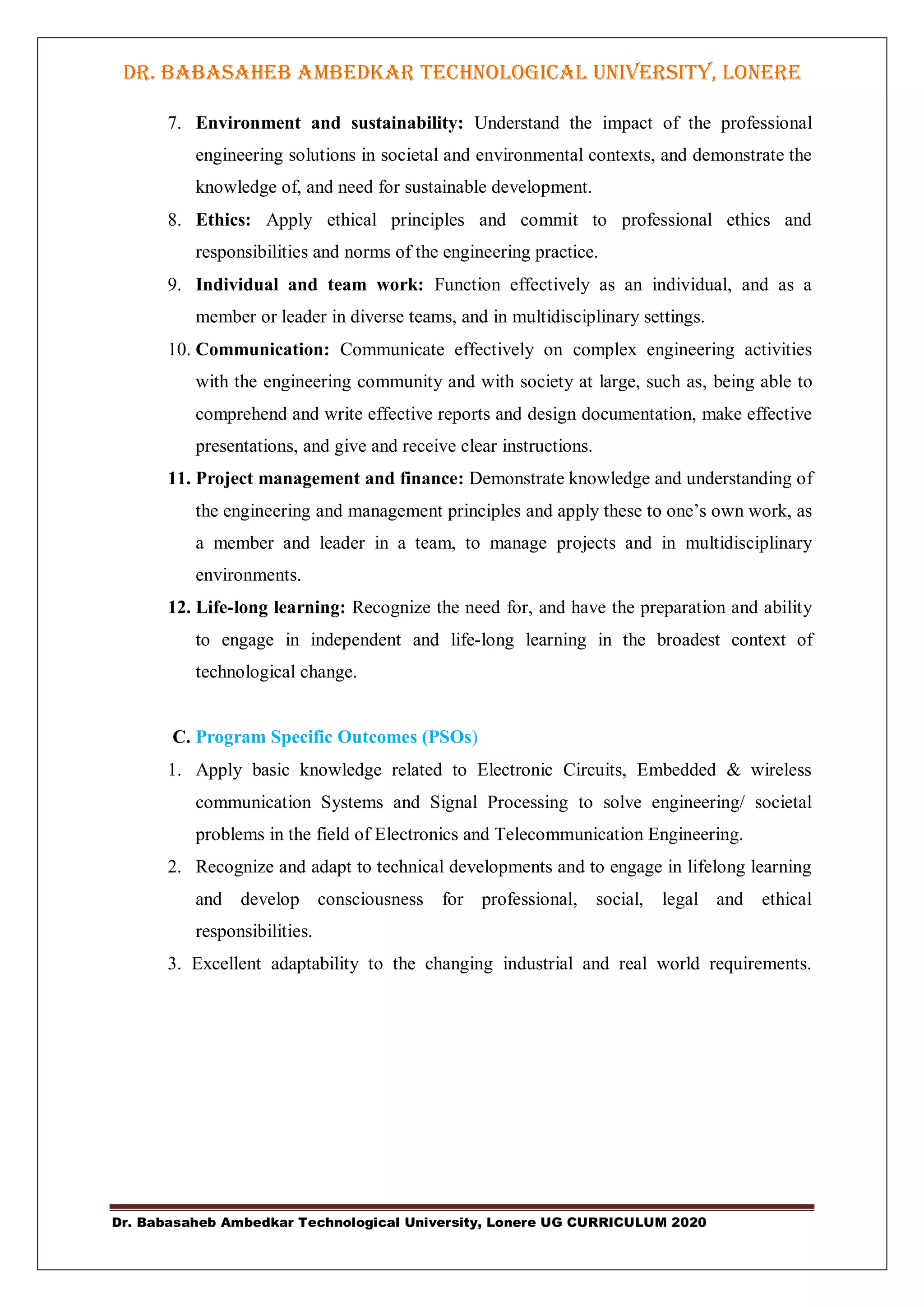 Dr. Babasaheb Ambedkar Technological University, Lonere UG CURRICULUM 2020
DR. BABASAHEB AMBEDKAR TECHNOLOGICAL UNIVERSITY, LONERE
7. Environment and sustainability: Understand the impact of the professional
engineering solutions in societal and environmental contexts, and demonstrate the
knowledge of, and need for sustainable development.
8. Ethics: Apply ethical principles and commit to professional ethics and
responsibilities and norms of the engineering practice.
9. Individual and team work: Function effectively as an individual, and as a
member or leader in diverse teams, and in multidisciplinary settings.
10. Communication: Communicate effectively on complex engineering activities
with the engineering community and with society at large, such as, being able to
comprehend and write effective reports and design documentation, make effective
presentations, and give and receive clear instructions.
11. Project management and finance: Demonstrate knowledge and understanding of
the engineering and management principles and apply these to one‟s own work, as
a member and leader in a team, to manage projects and in multidisciplinary
environments.
12. Life-long learning: Recognize the need for, and have the preparation and ability
to engage in independent and life-long learning in the broadest context of
technological change.
C. Program Specific Outcomes (PSOs)
1. Apply basic knowledge related to Electronic Circuits, Embedded & wireless
communication Systems and Signal Processing to solve engineering/ societal
problems in the field of Electronics and Telecommunication Engineering.
2. Recognize and adapt to technical developments and to engage in lifelong learning
and develop consciousness for professional, social, legal and ethical
responsibilities.
3. Excellent adaptability to the changing industrial and real world requirements.
 